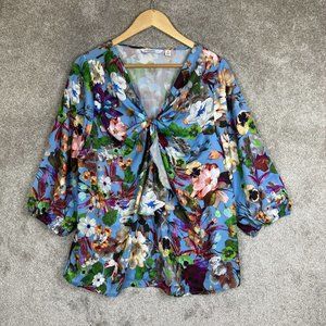 Isaac Mizrahi Live Blouse Womens Medium Blue Floral 3/4 Sleeve Pullover- 8170